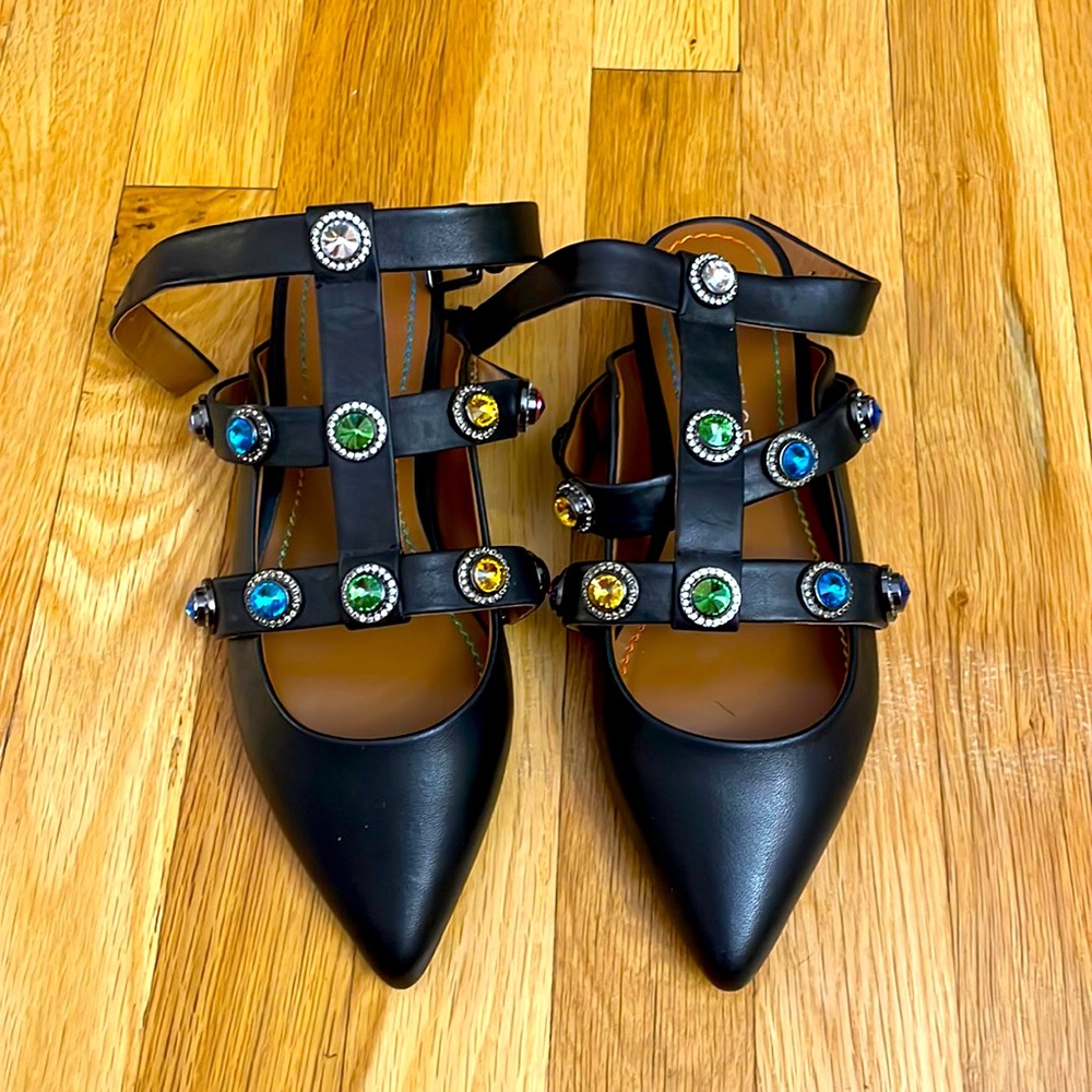Kurt Geiger London Black Leather Rainbow Jewel Crystal Party Sandals